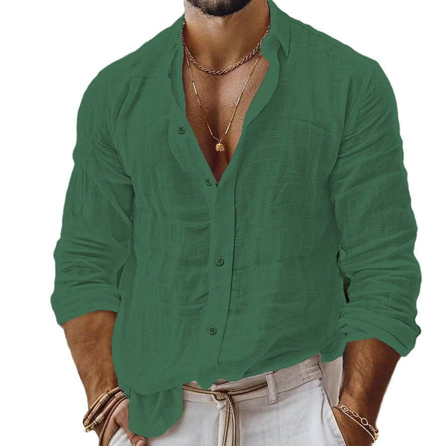 Green button-up shirt worn by a person on a white background