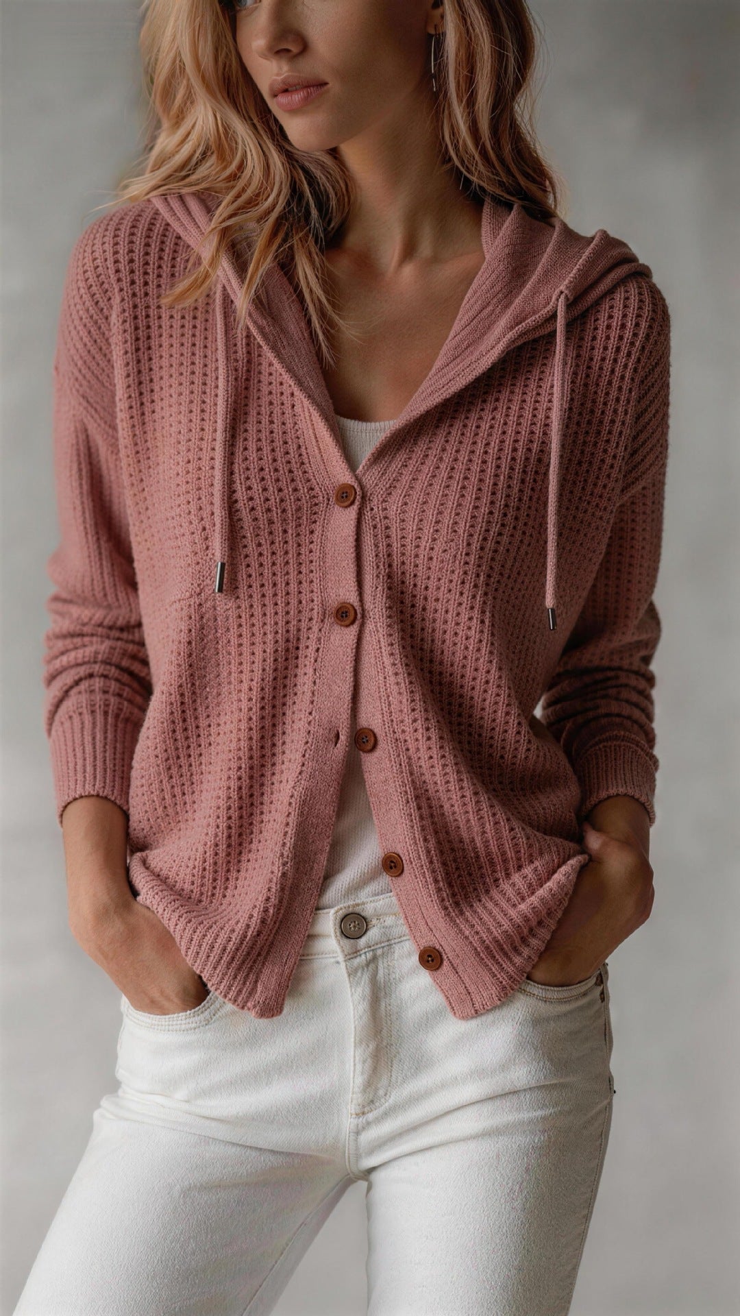 Woman wearing a pink knitted cardigan with a neutral background