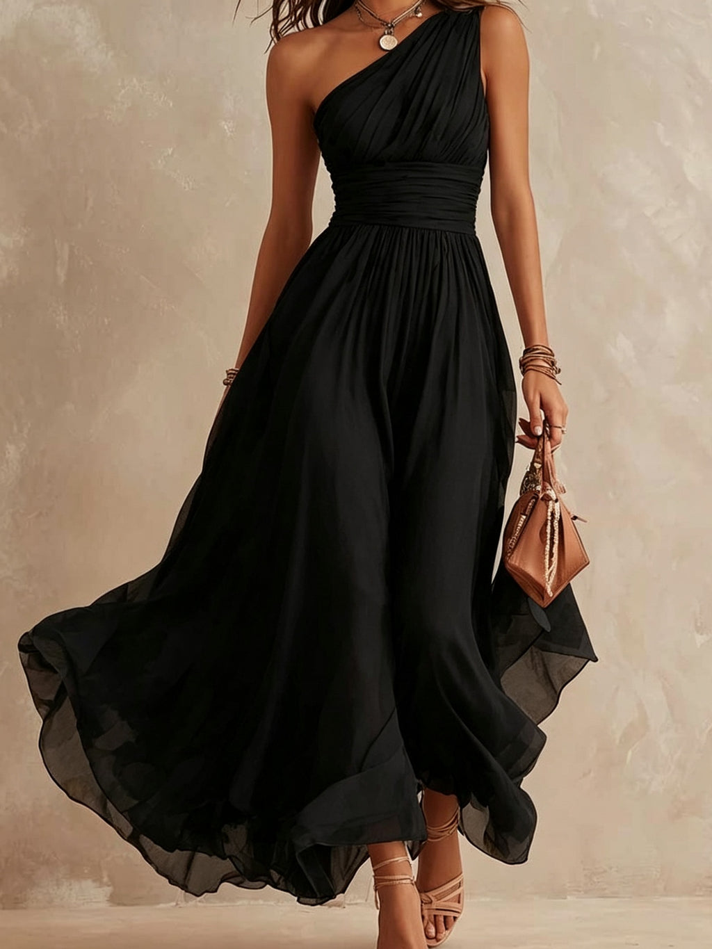 A woman wearing a flowing black one-shoulder maxi dress with a gathered waist, holding a small brown handbag against a textured beige studio backdrop.