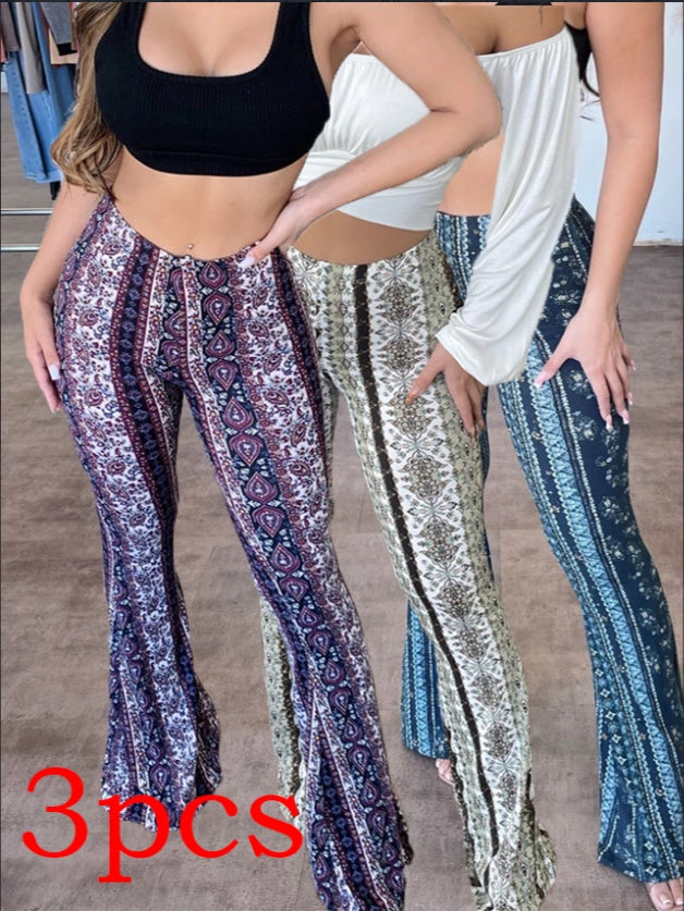 Three pairs of patterned pants displayed side by side with '3 pcs' text.