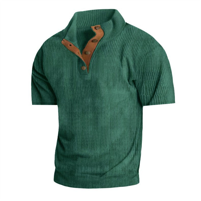 Green ribbed sweater with brown buttons on a white background