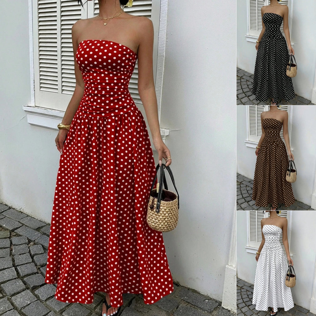 Elegant Polka Dot Off Shoulder Dress – Strapless High Waist Party Outfit