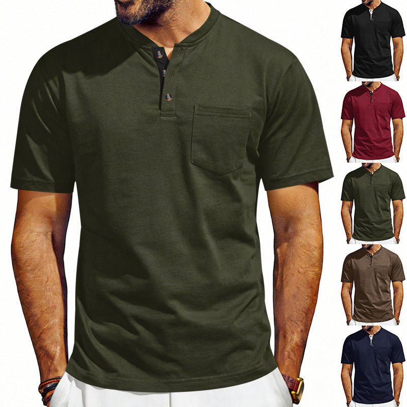 Green short-sleeve henley shirt worn by a person with multiple color options displayed.