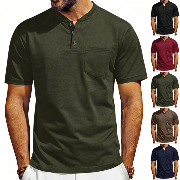 Green short-sleeve henley shirt worn by a person with multiple color options displayed.