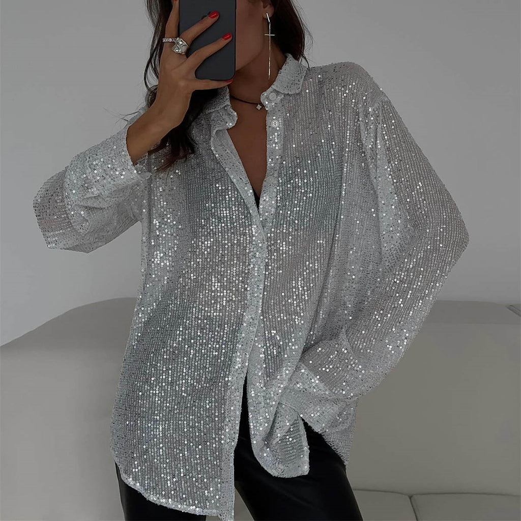 Sequin Lapel Long Sleeve Shirt | Sparkly Loose Top