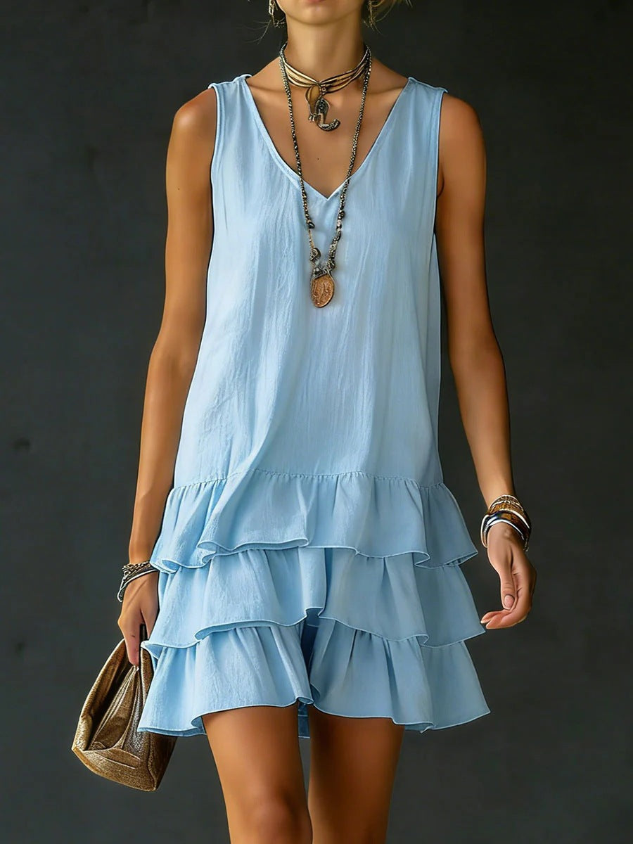 V-Neck Cotton Linen Women's Sleeveless Dress – Fashionable Mid-Length Straight Sundress