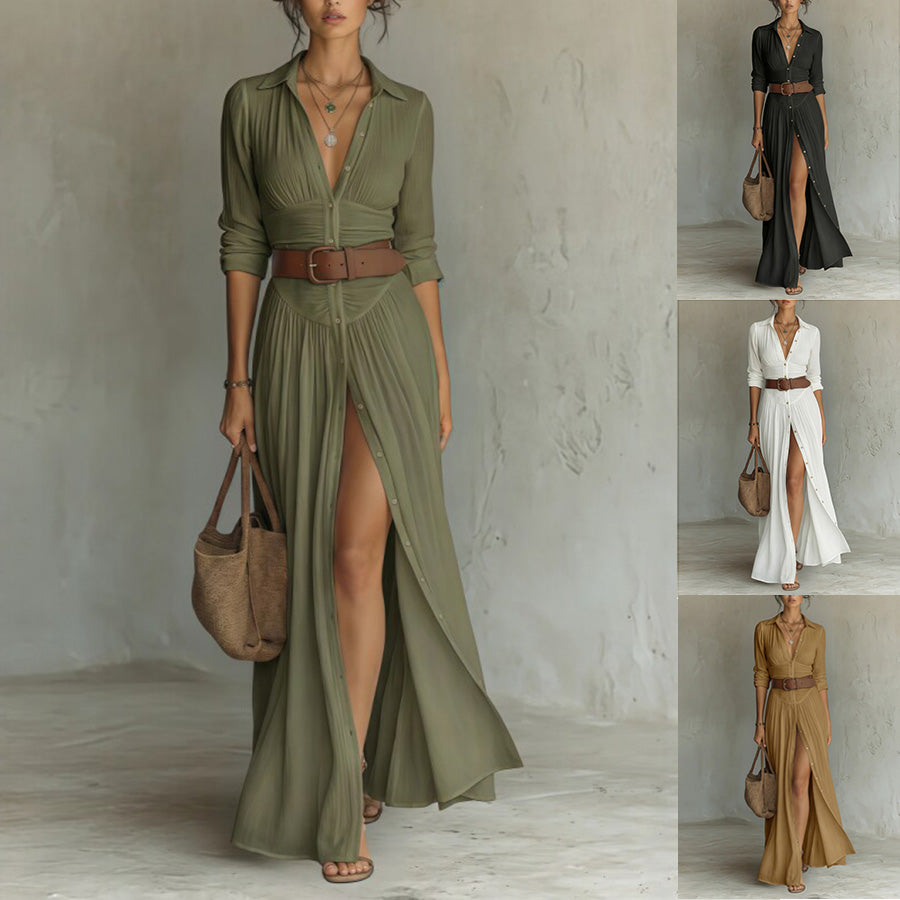 A woman models a long-sleeve maxi dress with a high thigh slit, button-front front, and wide brown belt. The main panel shows the dress in olive green, while the right side shows the same dress style in black, white, and tan/brown.