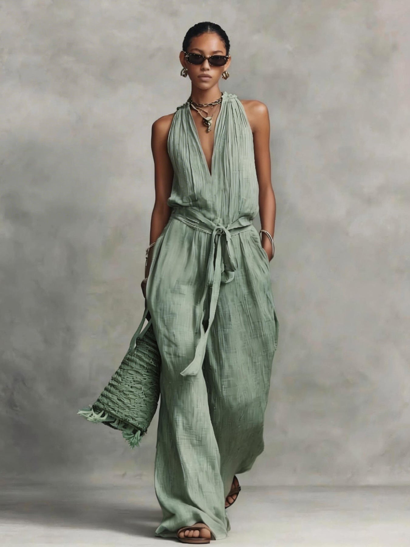 Woman wearing a green jumpsuit against a gray background