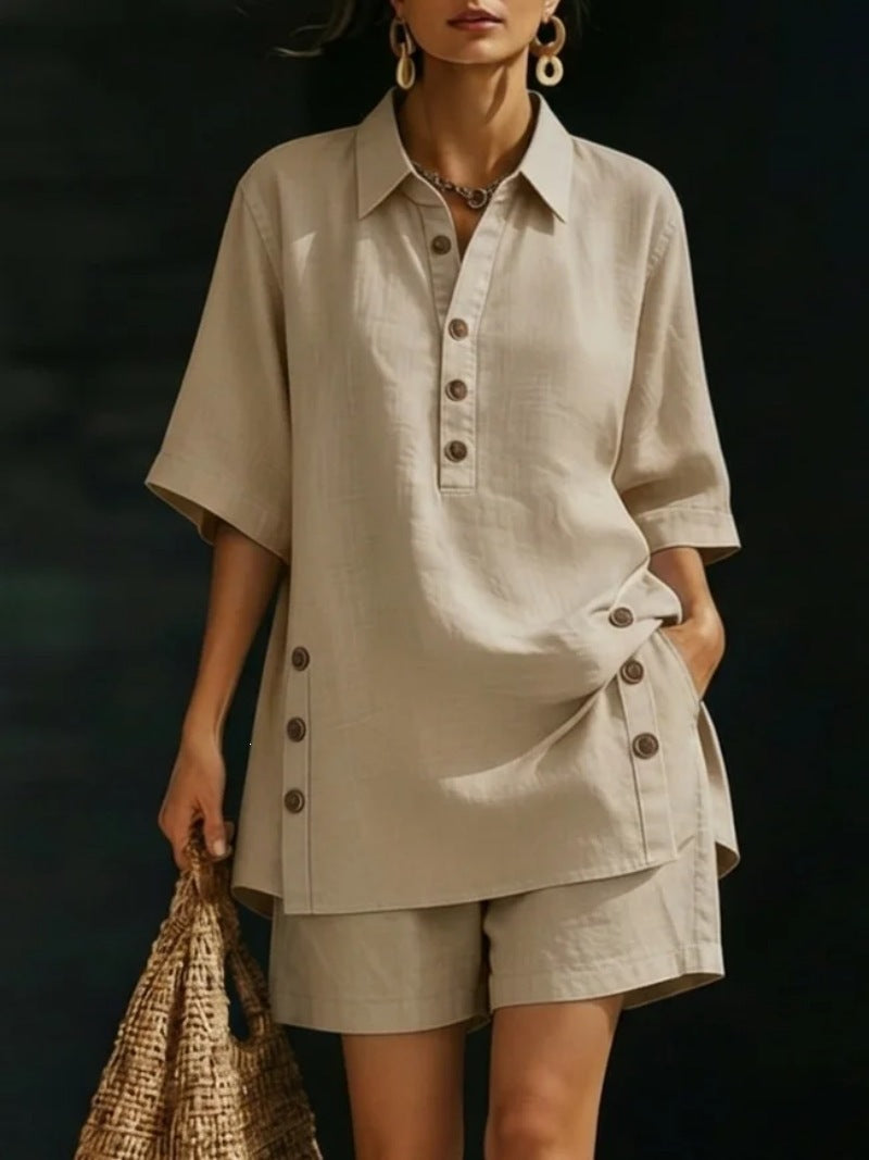 Woman wearing a beige shirt and shorts set with a dark background
