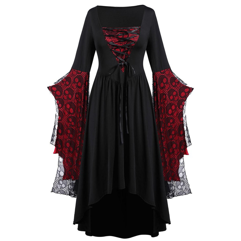 Black dress with red and white lace sleeves on a white background