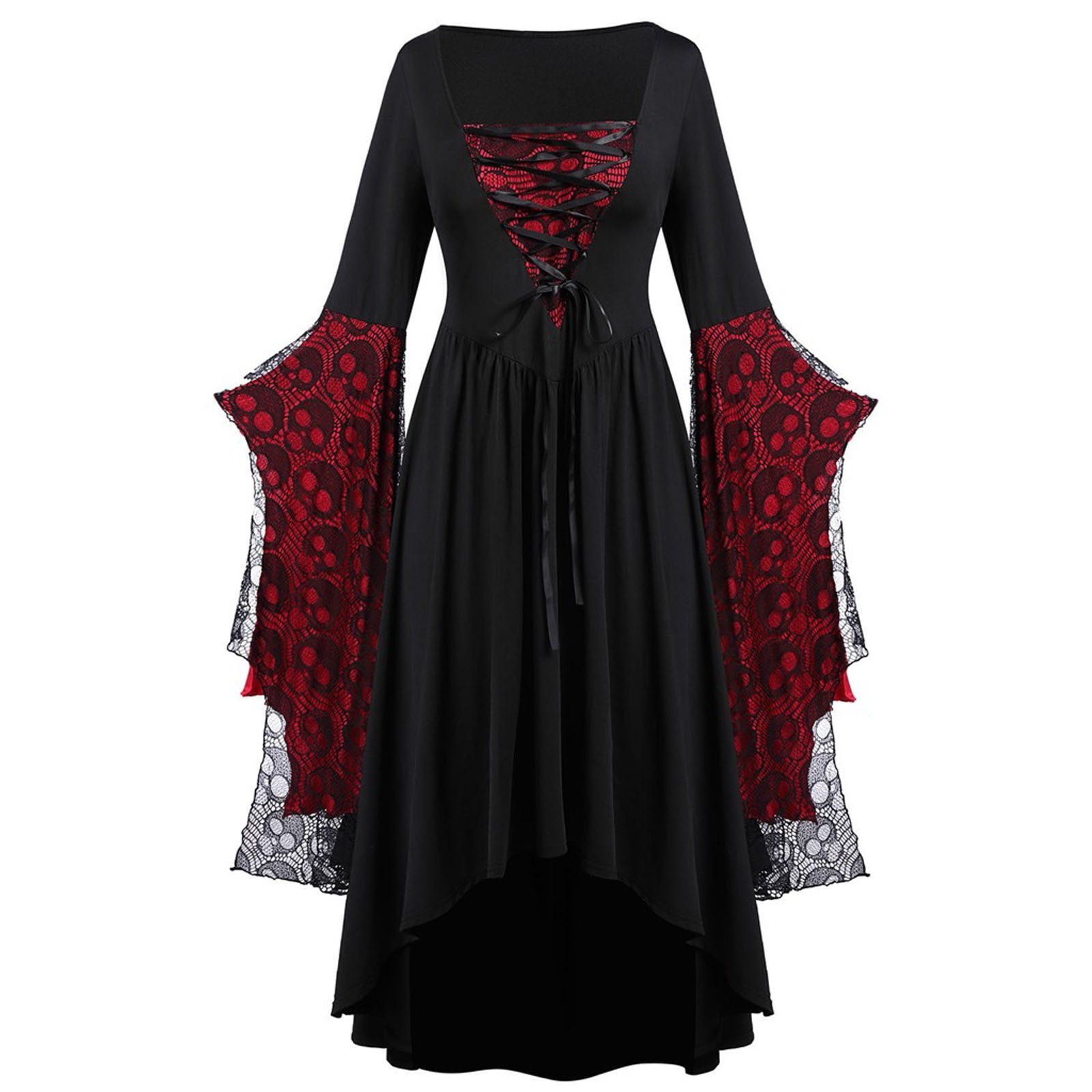 Black dress with red and white lace sleeves on a white background