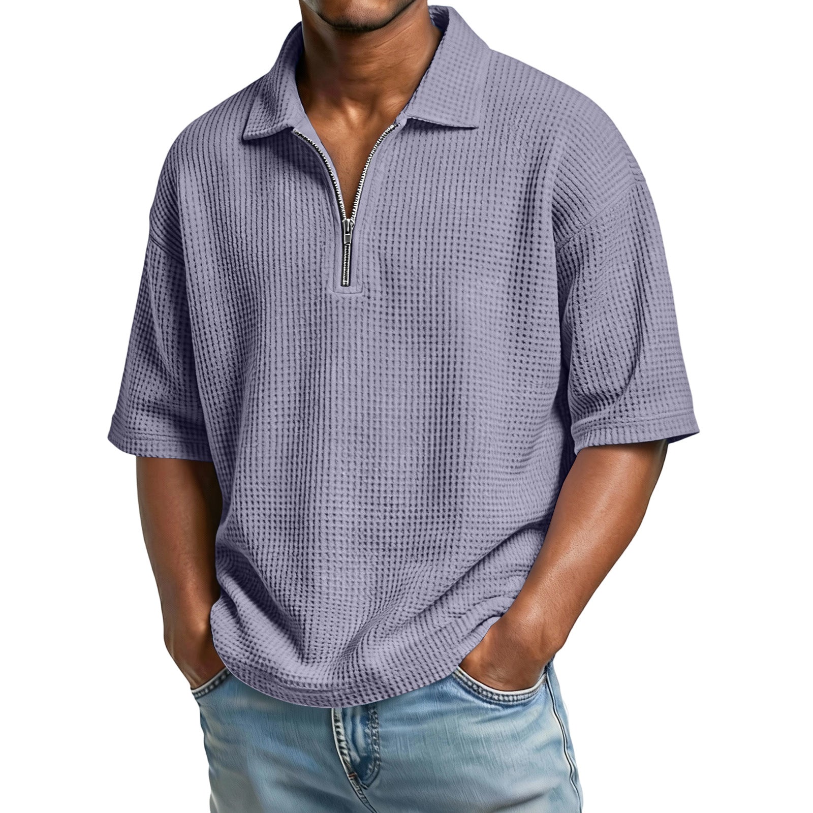 Man wearing a textured purple shirt with a zipper on a white background