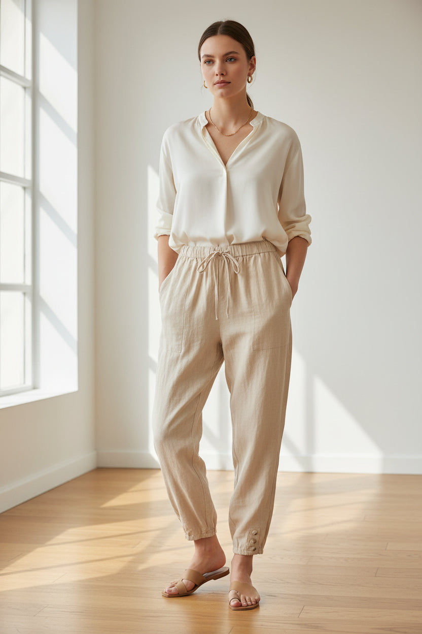 Beige pants worn by models on a light wooden floor.