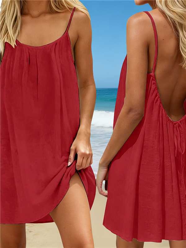 Women's Strap Short Skirt Beach Vacation Dress – Loose Solid Sundress