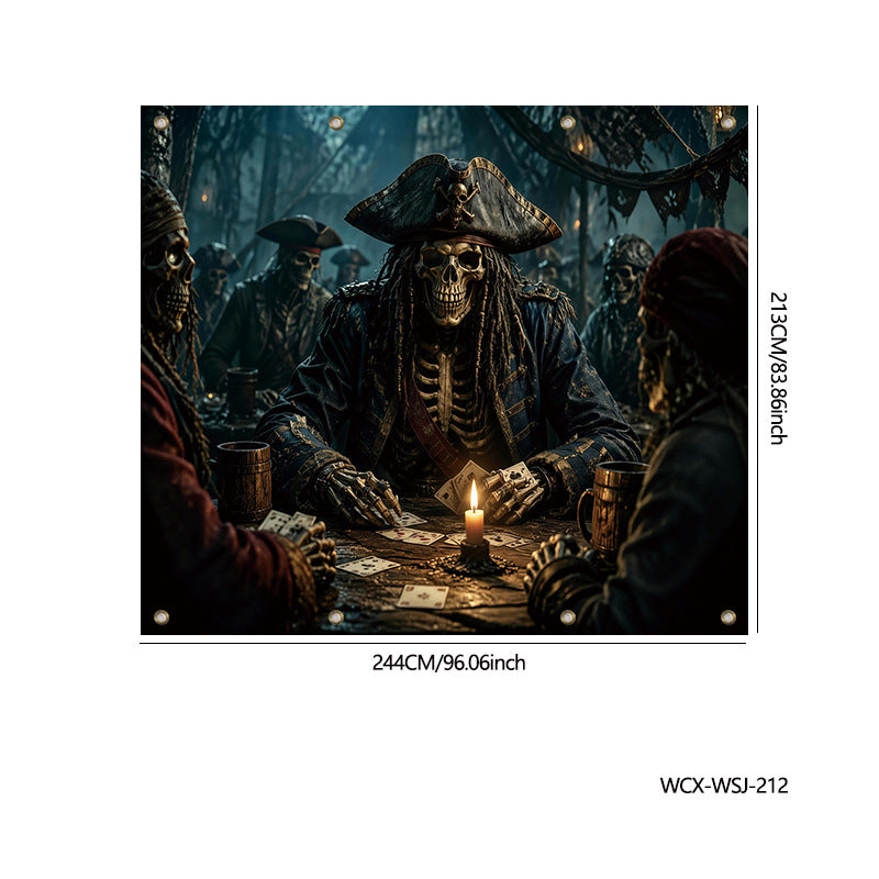 A rectangular wall art print showing a dark pirate scene with a central skeleton pirate at a table lit by a candle, surrounded by other figures in a forest-like setting. The print is displayed on a white background with size markings reading 244CM/96.