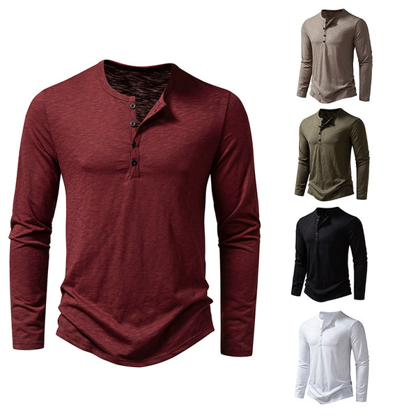Collection of men's long-sleeve shirts in various colors on a white background