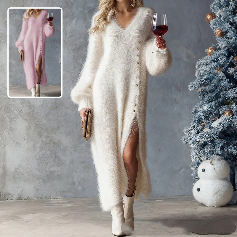 A woman models a long, fuzzy white V-neck dress with front buttons, holding a wine glass. The image features a main photo and a top-left inset showing the dress in pink.