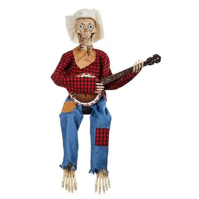 Skeleton figure in a cowboy outfit playing a banjo on a white background