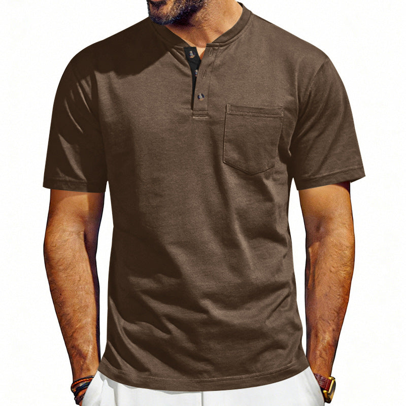 Brown short-sleeve henley shirt worn by a person on a white background
