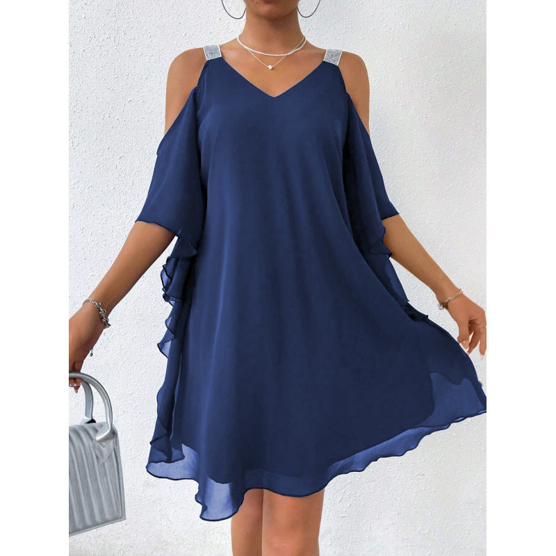 Solid Color V Neck Elegant European And American Style Dress for Women