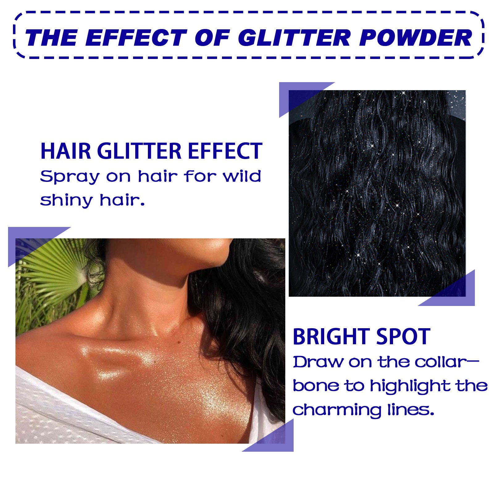 Promotional image of glitter powder effects on hair and skin with text instructions.