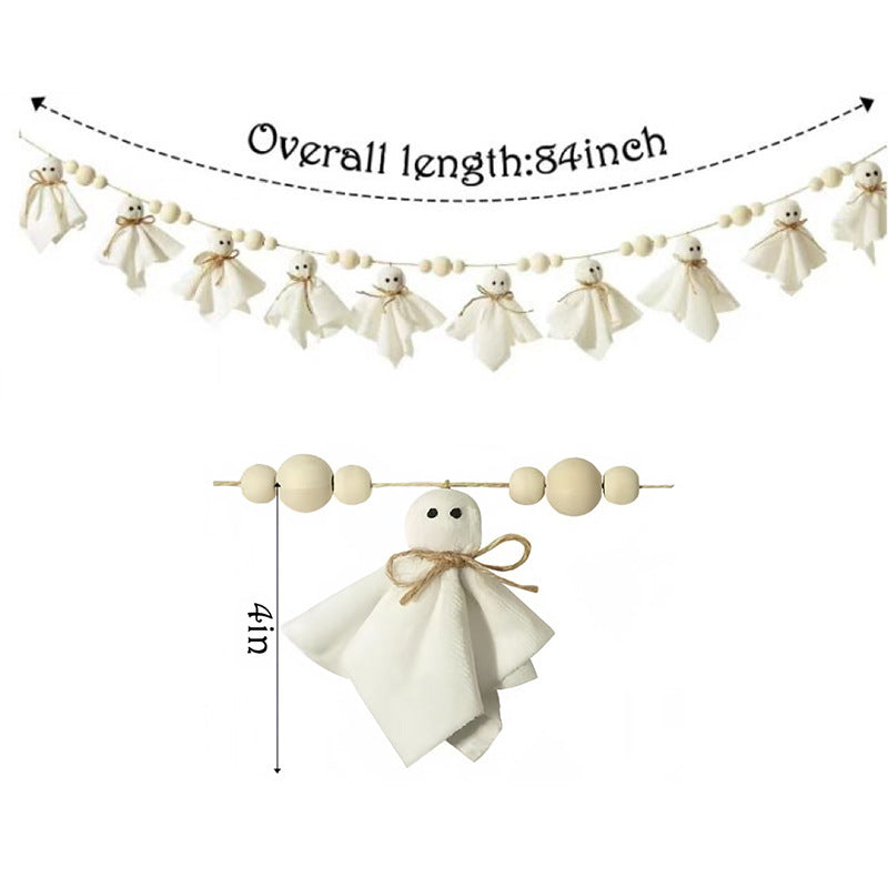 Wooden bead garland with small fabric ghost ornaments, shown on a white background with measurement annotations indicating overall length 84 inches and a 4-inch hanging length.