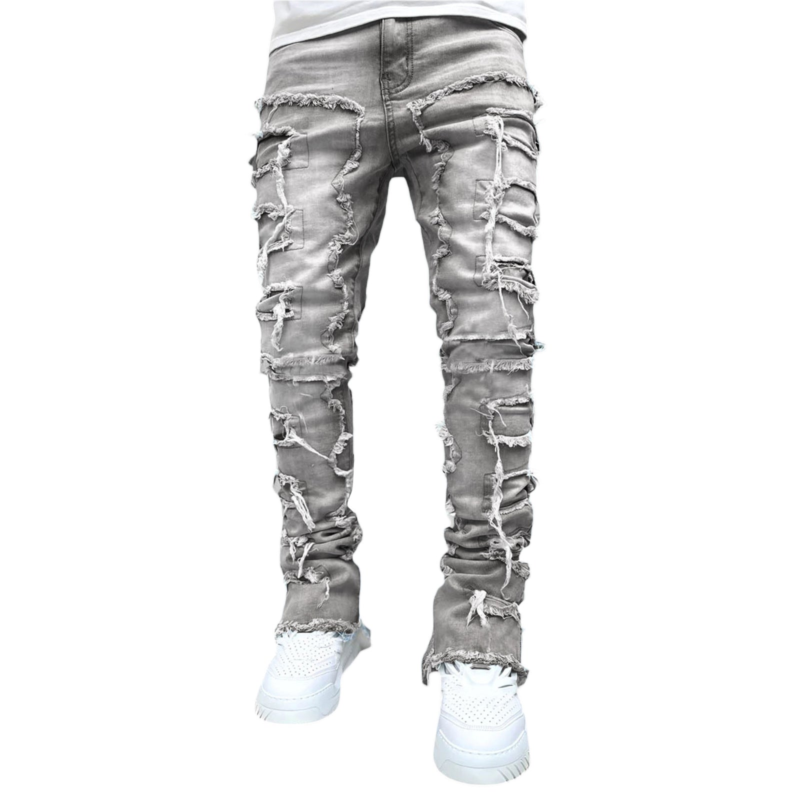Ripped gray jeans on a white background