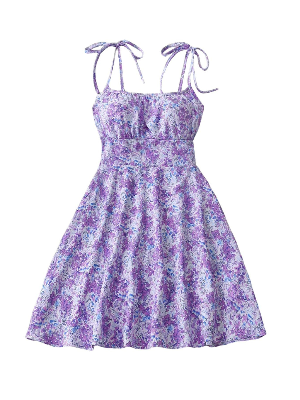 Purple floral dress with thin straps on a white background