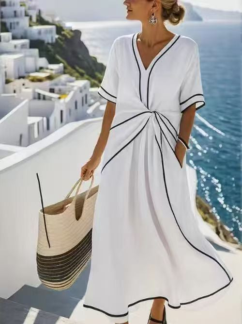 Women’s Summer Striped Print Short Sleeve Casual Beach Maxi Dress