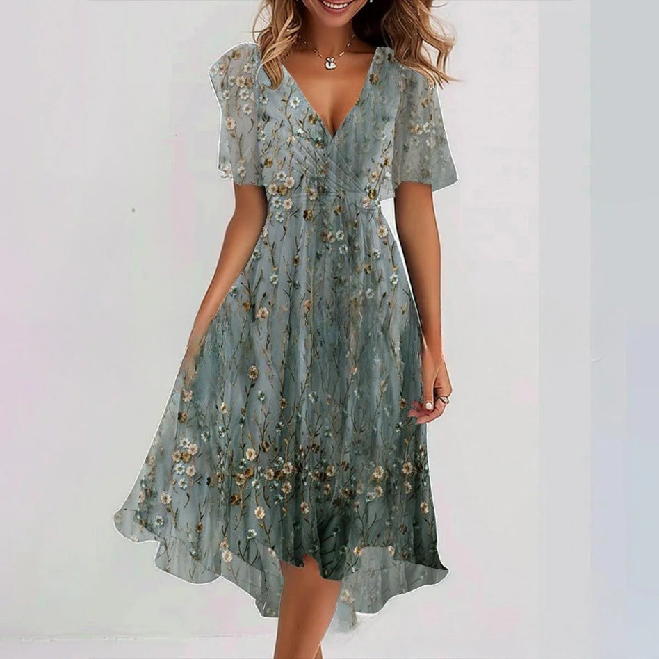 Woman wearing a floral dress on a white background