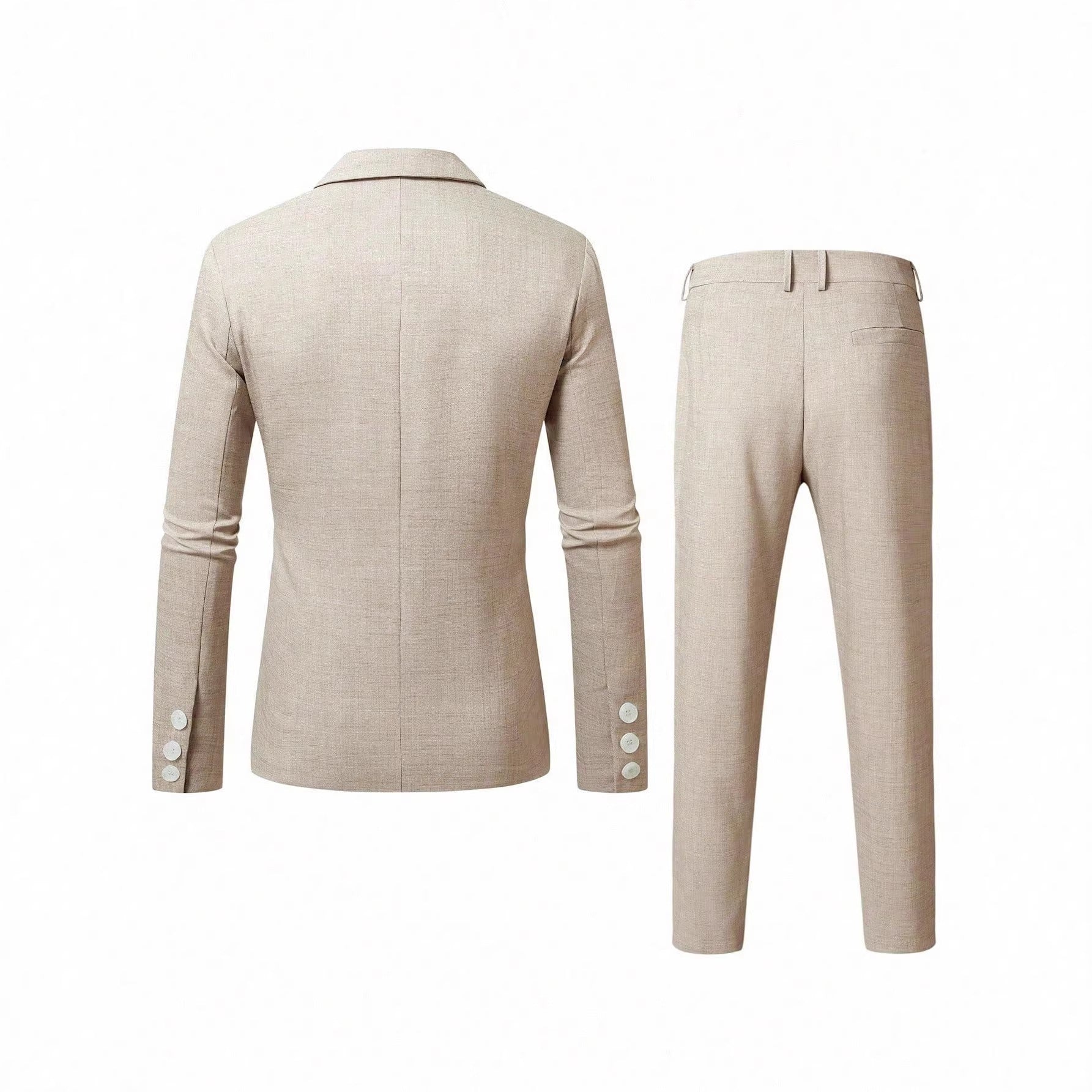 Beige suit jacket and pants on a white background
