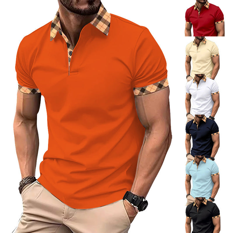 Orange polo shirt with plaid collar and cuffs worn by a model, with additional color options displayed.