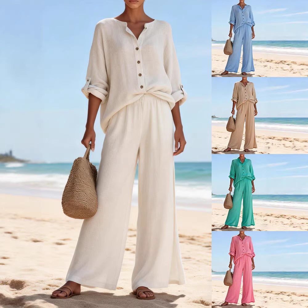 Woman in a beige outfit on a beach with additional images of people in similar outfits.