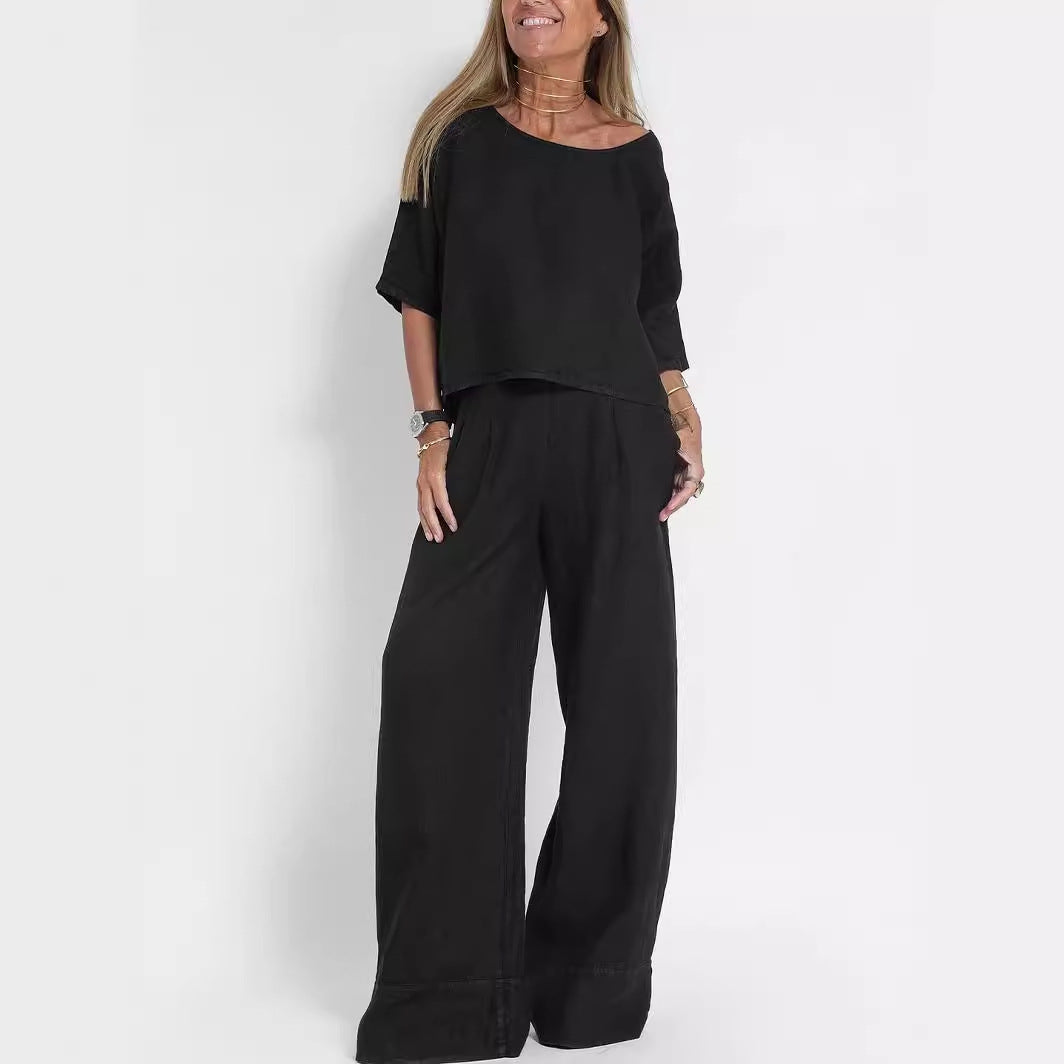 Cotton Linen Casual Pants Suit | Wide Leg