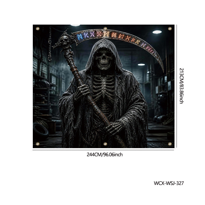 A gothic Grim Reaper art print featuring a hooded skeleton holding a scythe with runes on the blade, shown with printed dimensions and product code on a white background.