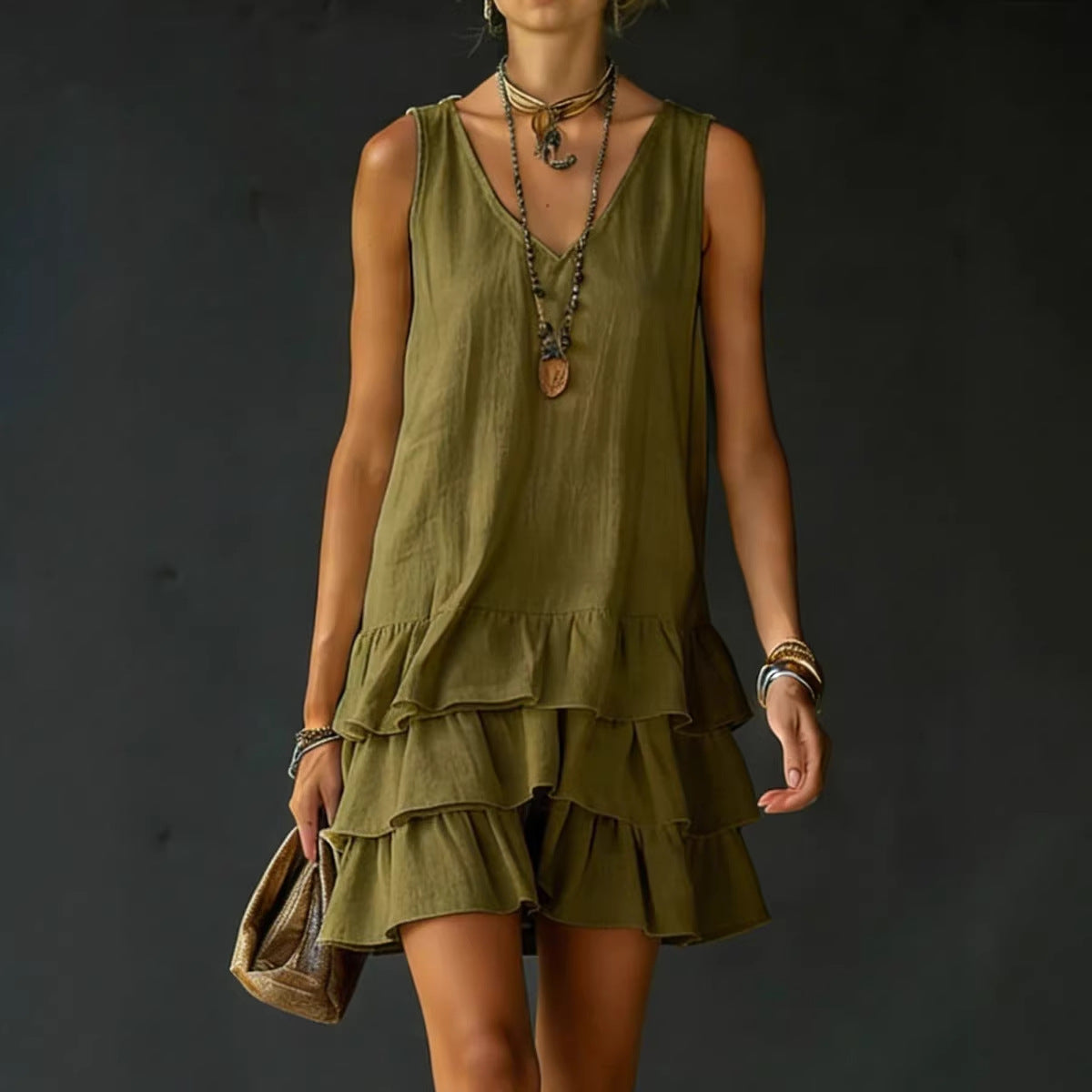 V-Neck Cotton Linen Women's Sleeveless Dress – Fashionable Mid-Length Straight Sundress