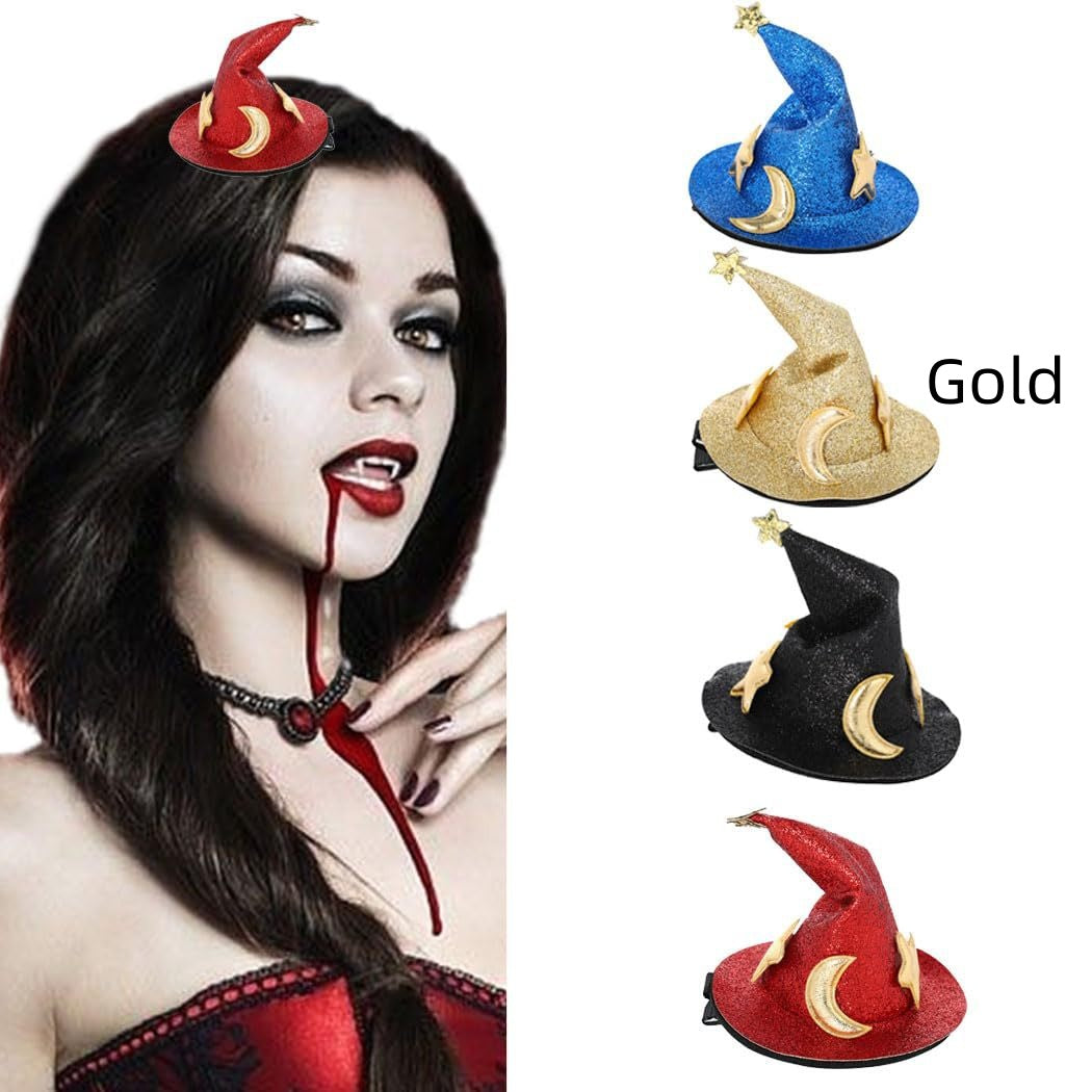 Woman with dark hair and red lipstick wearing a red witch hat, with gold, blue, and black witch hats displayed.