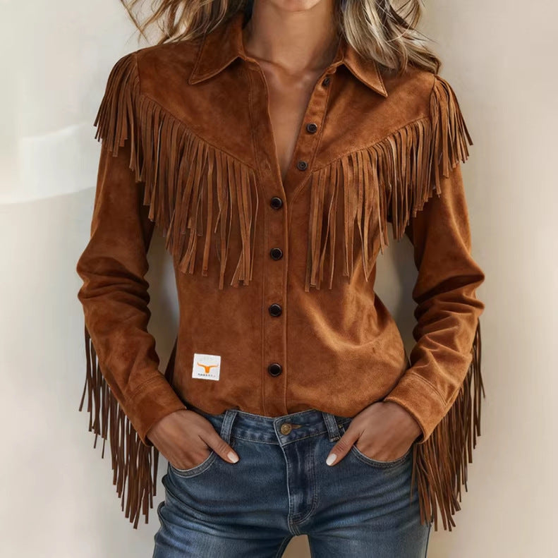 Brown suede fringe jacket worn by a person against a neutral background