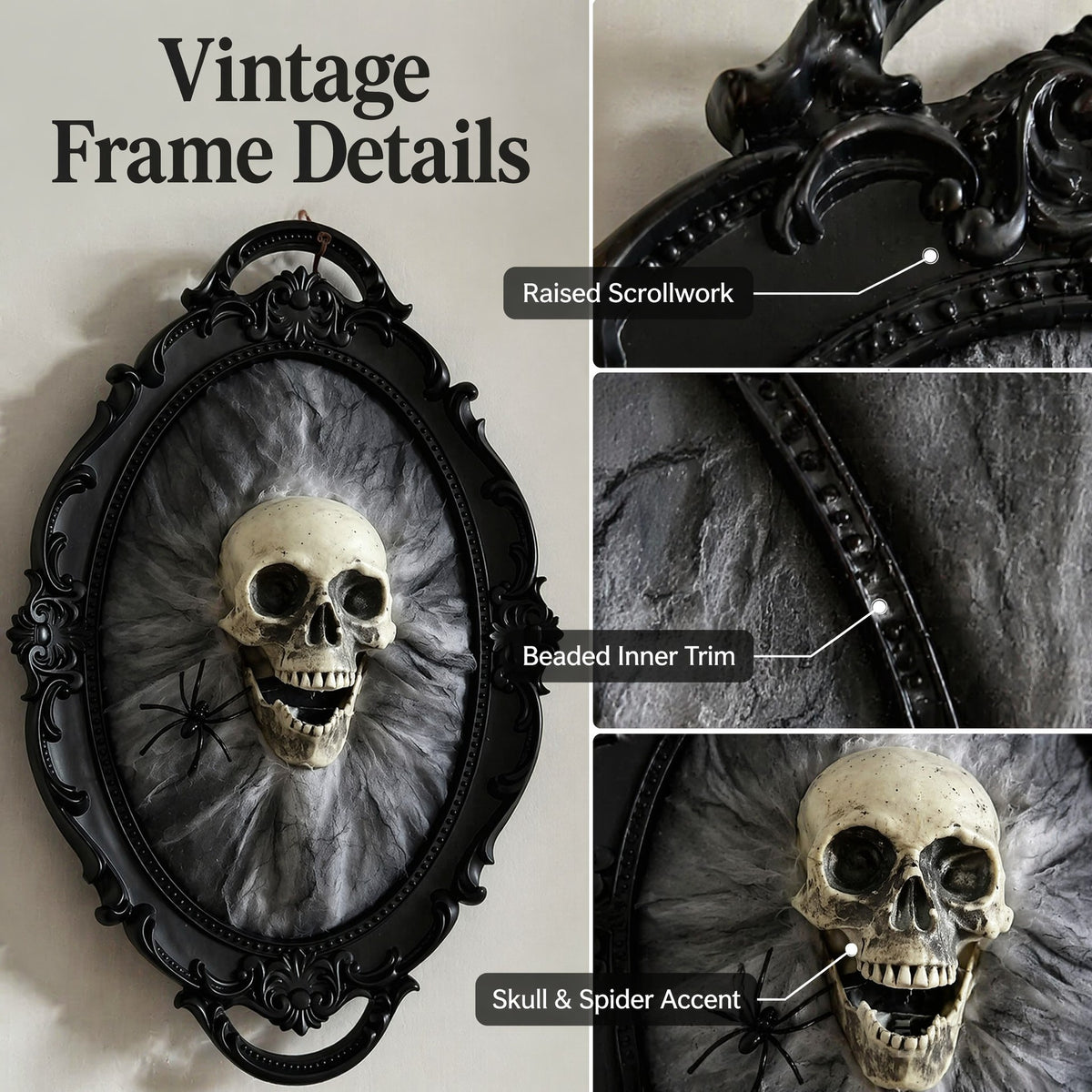 Vintage-style black oval wall frame with ornate scrollwork, shown with a skull and spider decoration inside. The collage includes close-up detail labels: raised scrollwork, beaded inner trim, and skull & spider accent.