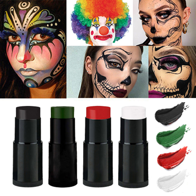 Collage of colorful face makeup designs with four makeup sticks in different colors.