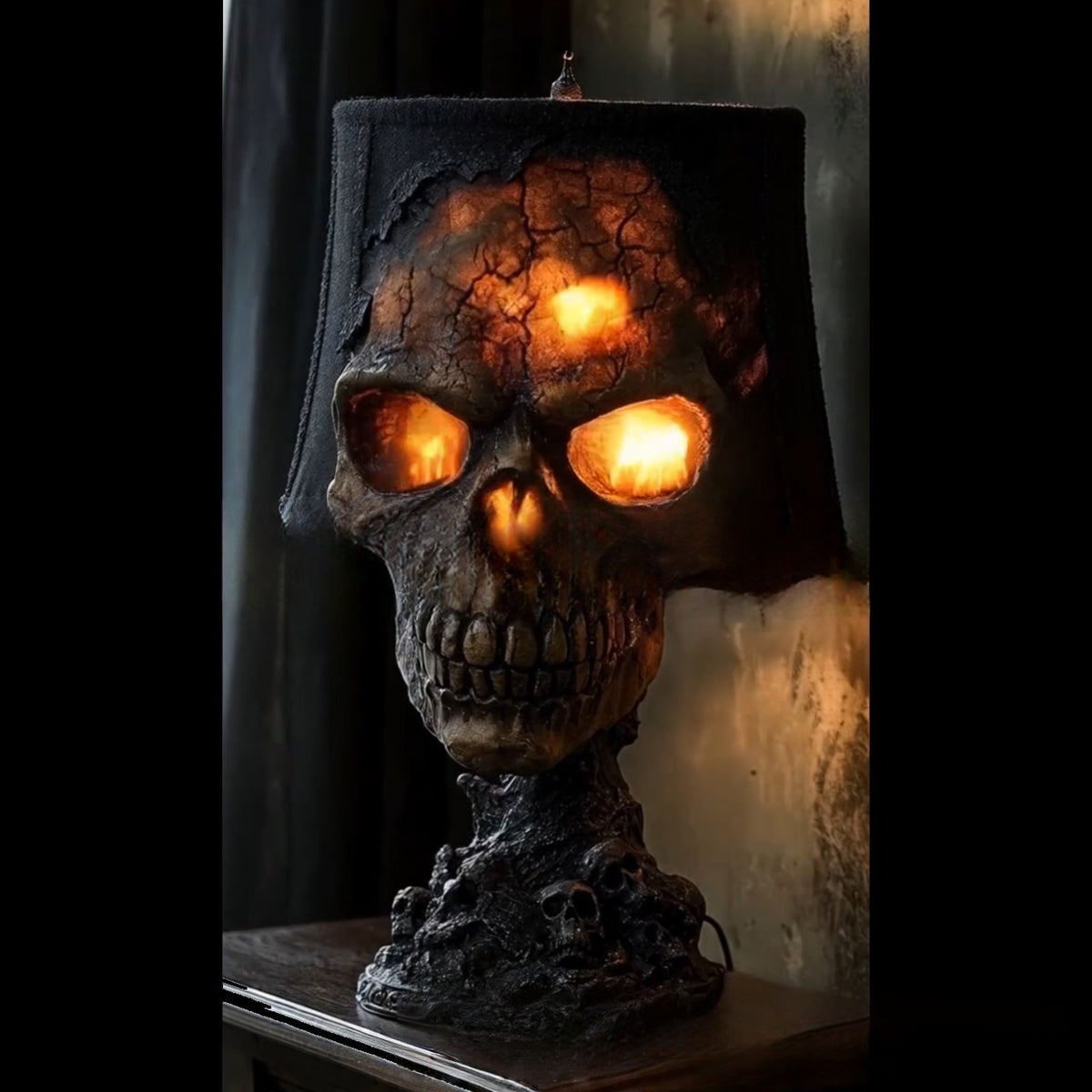 Skull-shaped lamp with glowing eyes on a dark background