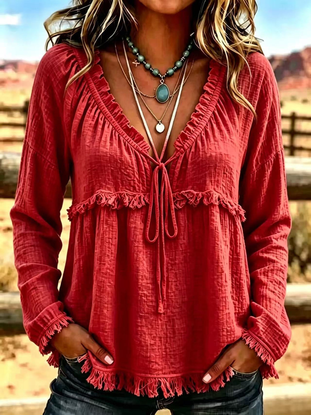 V-Neck Turtleneck Long Sleeve Top – Solid Color Tee