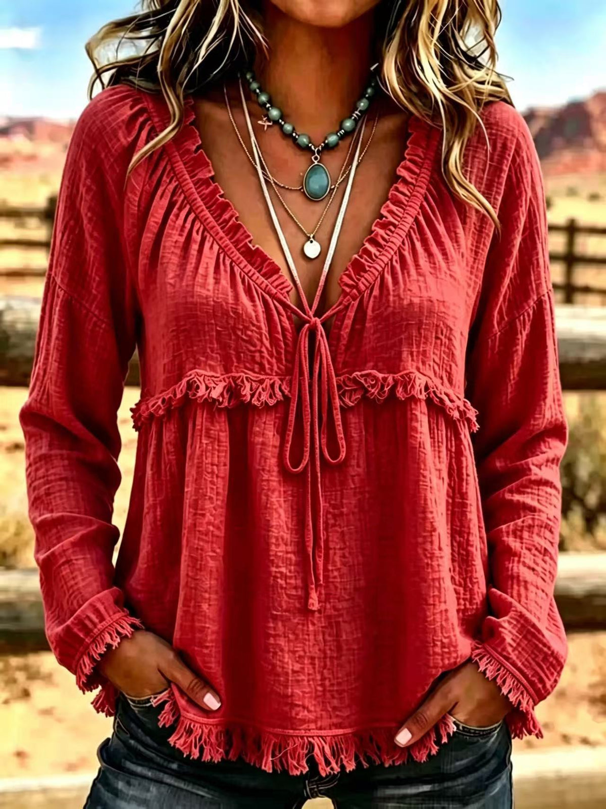 V-Neck Turtleneck Long Sleeve Top – Solid Color Tee