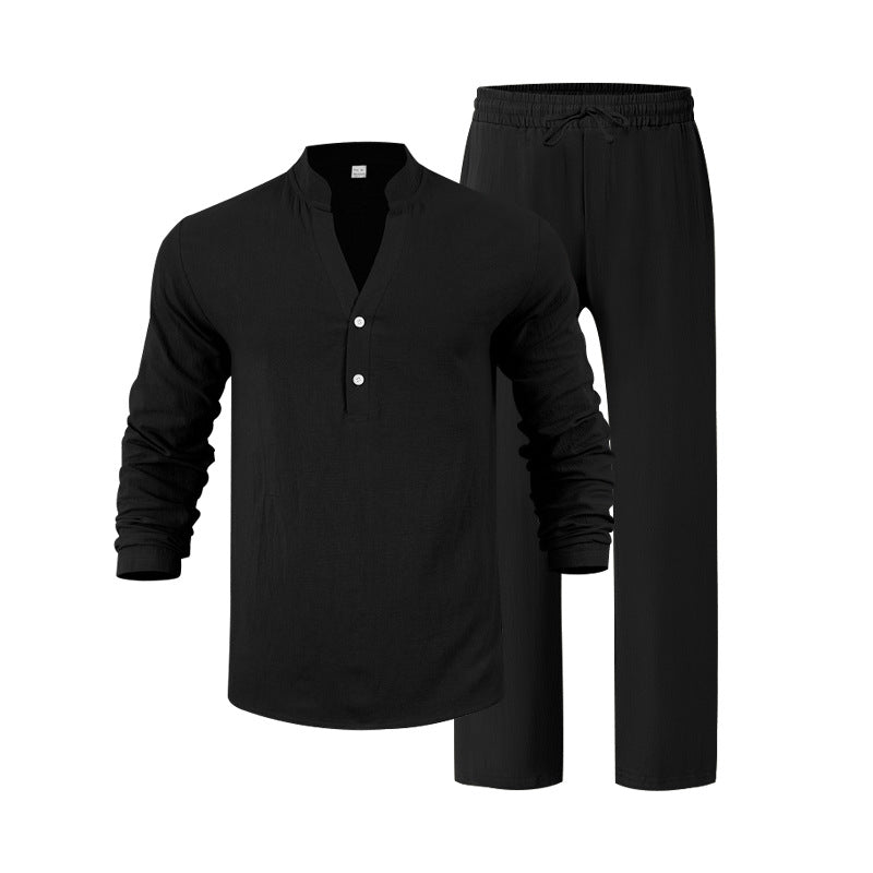 Black long-sleeve shirt and pants set on a white background