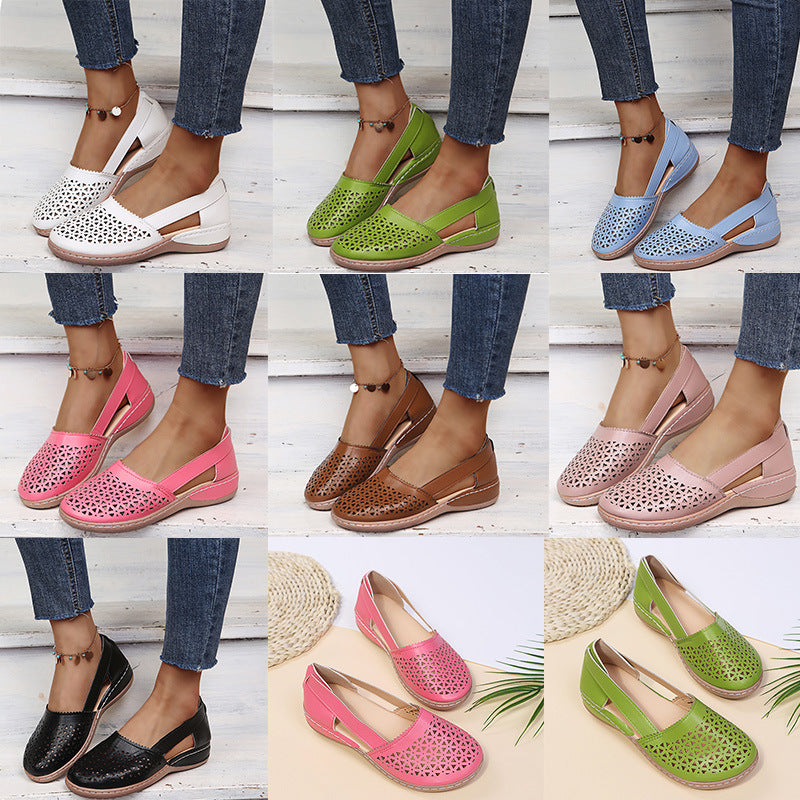 Collage of women's shoes in various colors worn with jeans on a light wooden floor.