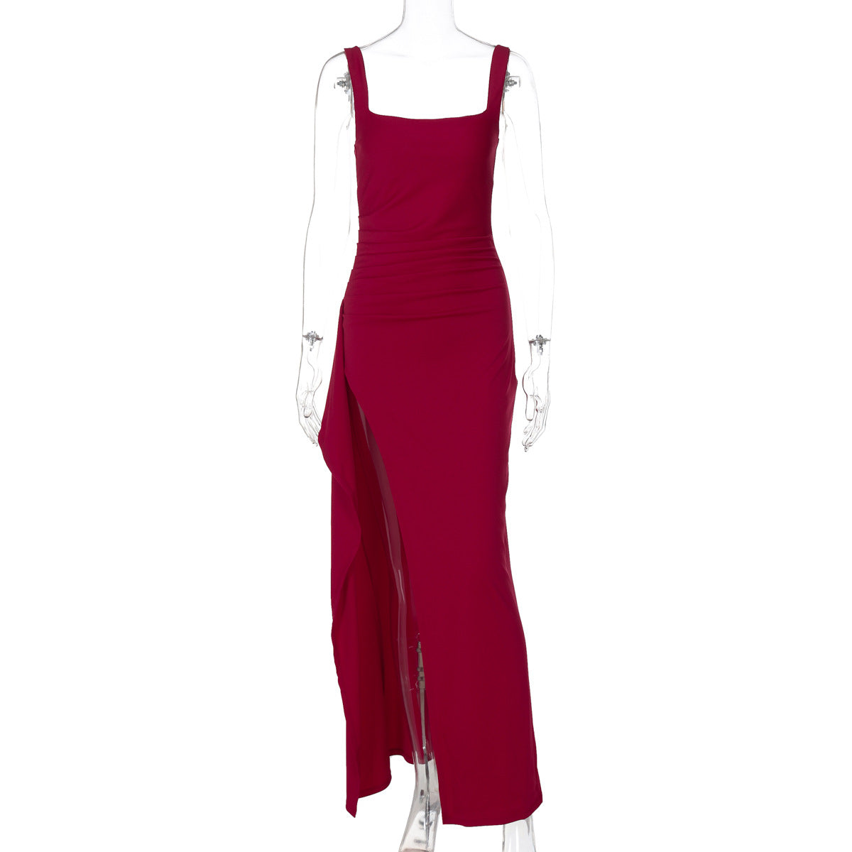Red evening gown on a mannequin against a white background
