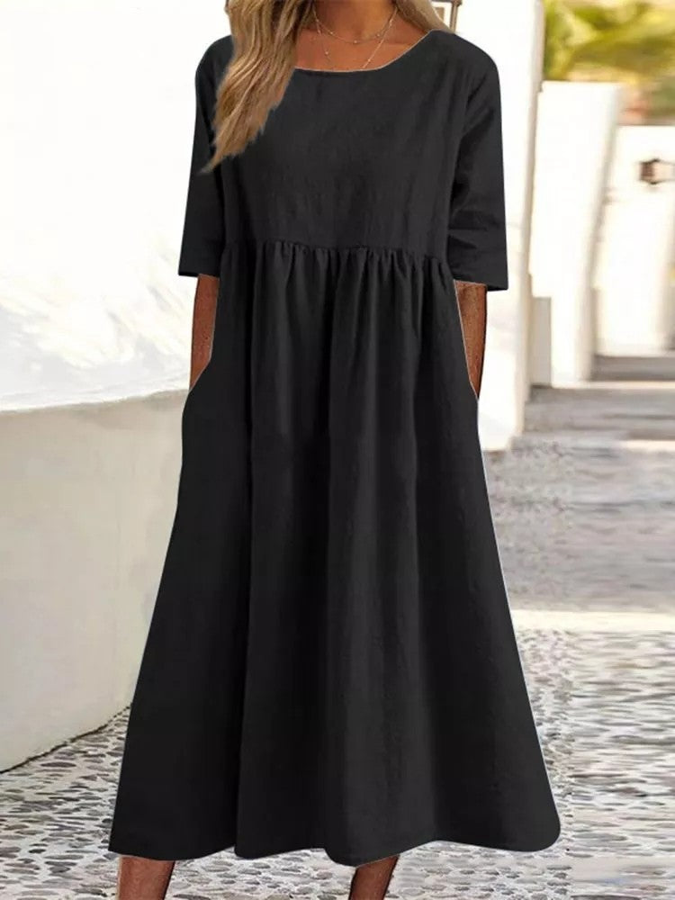 Women’s Casual Cotton Linen Short Sleeve Pocket Dress