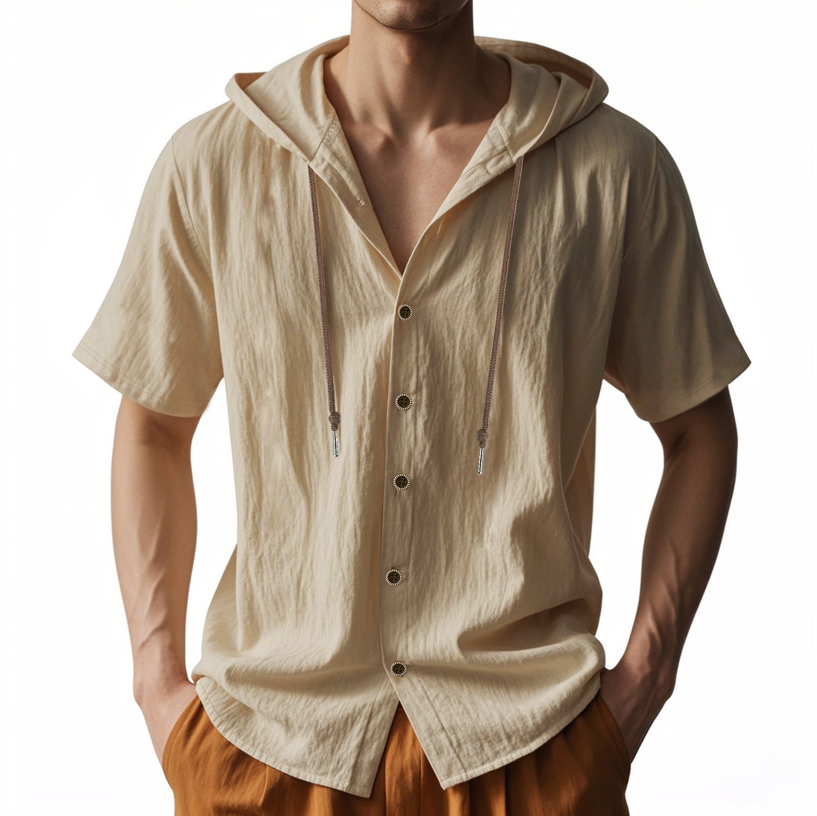 Beige short-sleeve shirt with hood on a white background