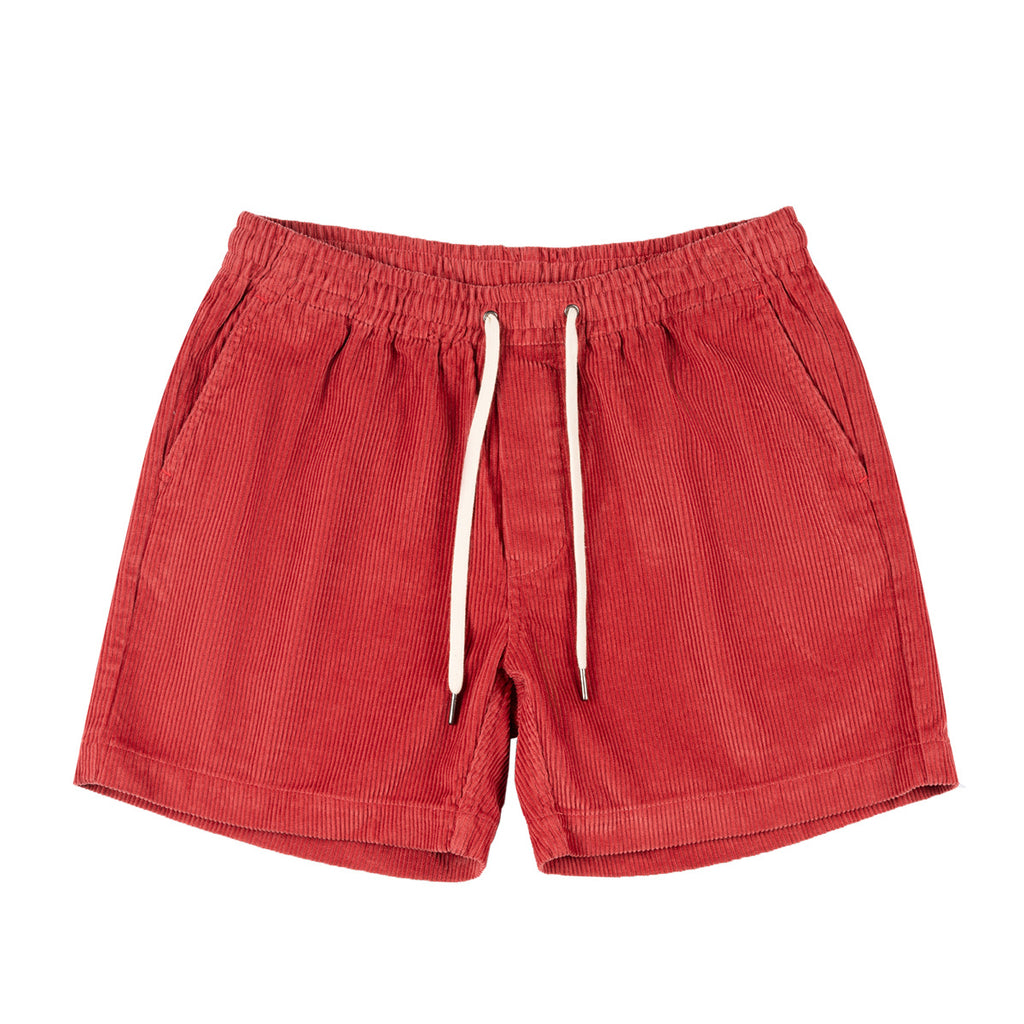 Red corduroy shorts with a drawstring on a white background