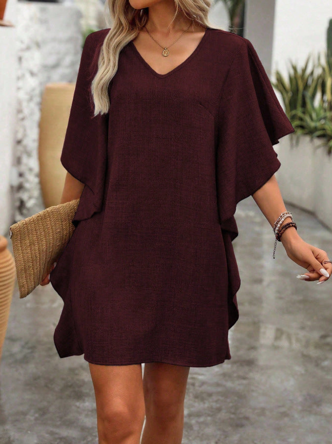 Solid Color Loose Fitting V-Neck Dress with Ruffled Hem – Flowing Mini Pullover Dress